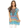 thumbnail image 2 of Sakkas Lesedi Top Blouse With Cap Sleeves Colorful Print and Rhinestones - 17230-Turq-multi - One Size Regular, 2 of 5