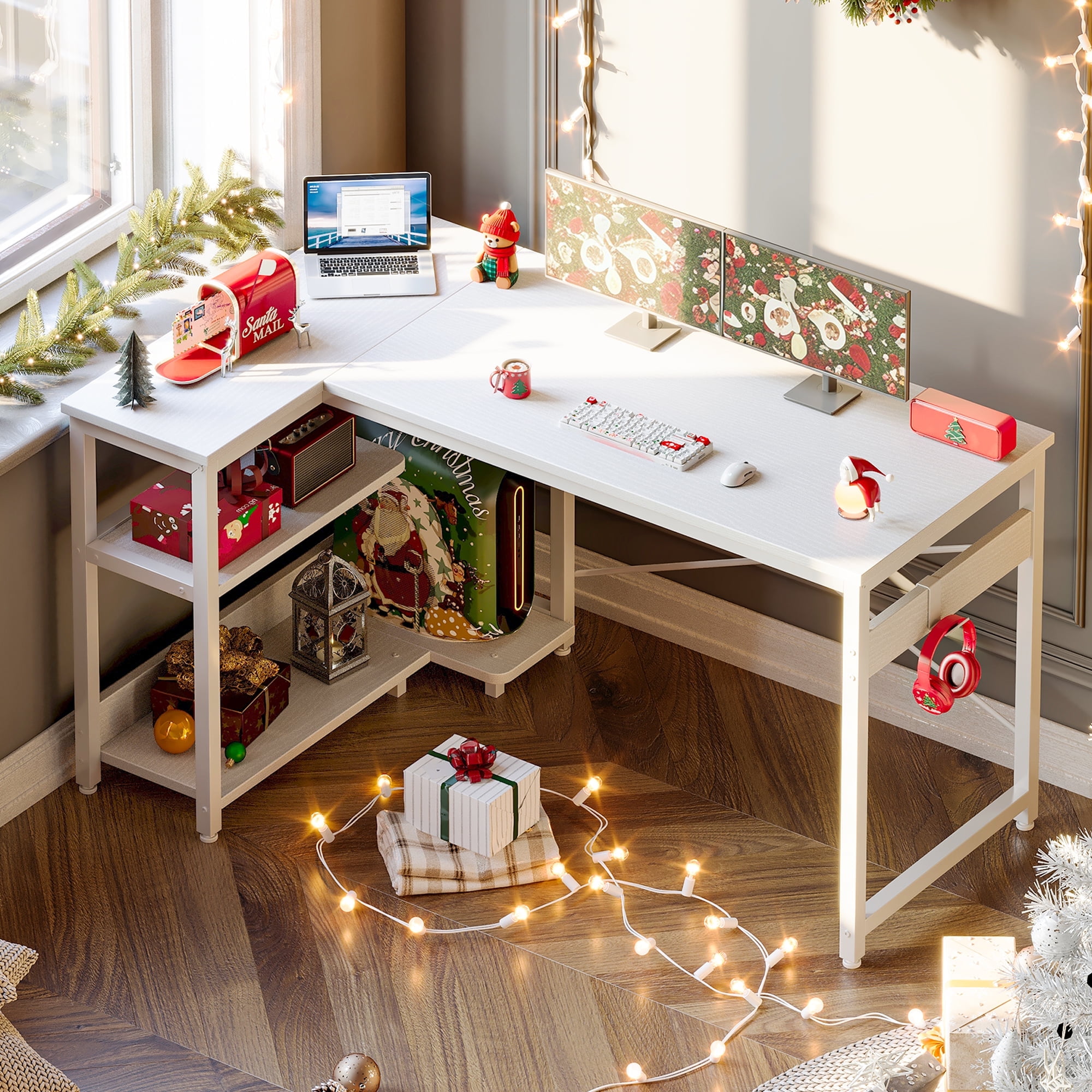 Casacomoda 48 Inch L Shaped Computer Desk with Storage Shelves & CPU Stand, Spacious Corner Desk with Headphone Hook, Home Office Desk, Reversible, White