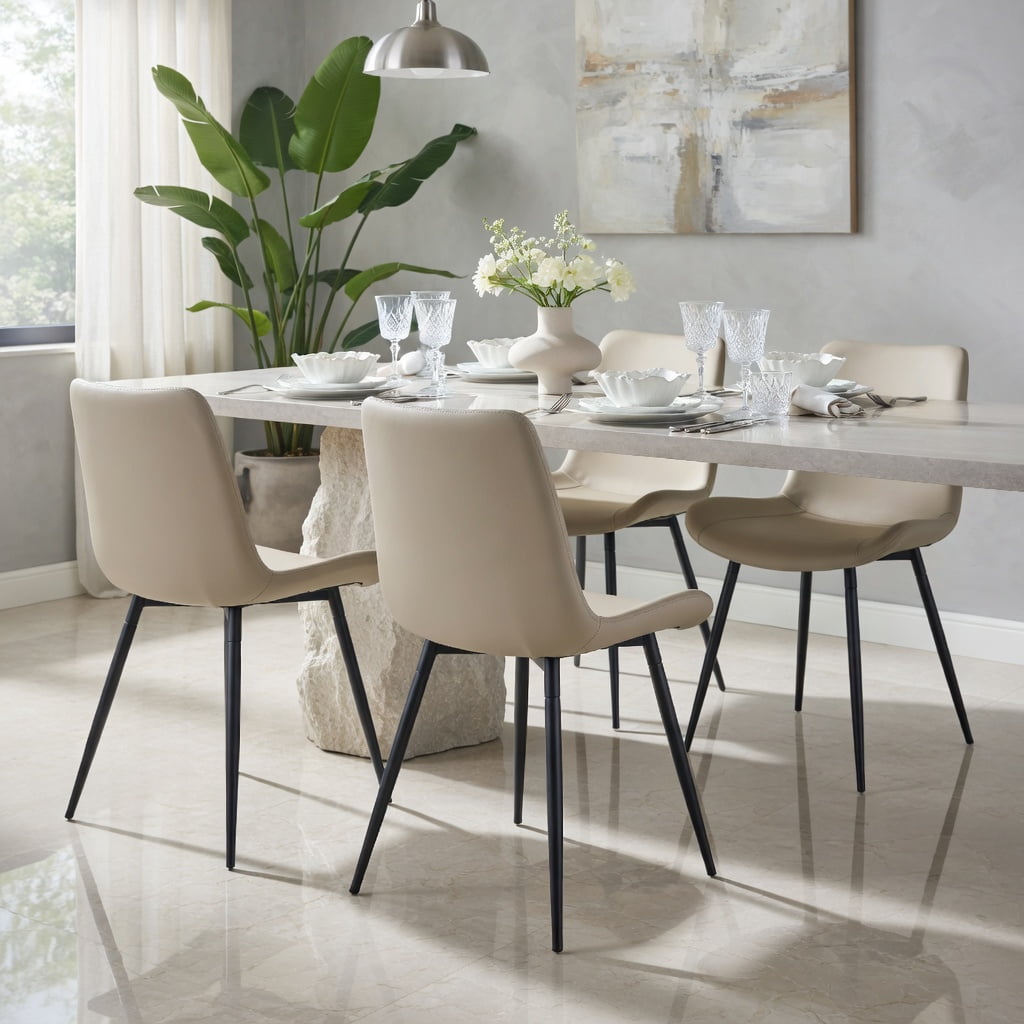 Hommoo Set of 4 Modern Faux Leather Dining Chairs with Black Metal Cross Legs, Curved Wide Cushion for Superior Comfort in Restaurants, Kitchens, Offices & Bedrooms, Light Gray