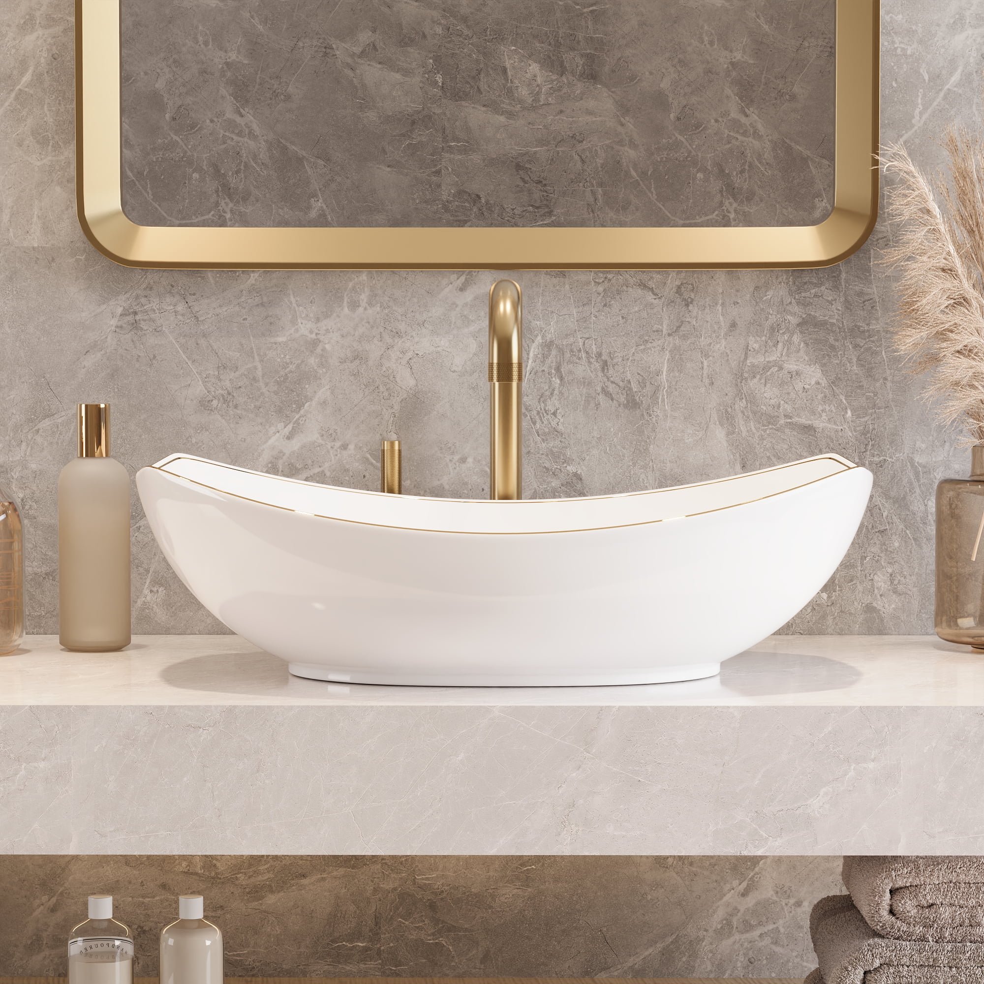 Deervalley 22" X 16" Boat-Shaped Ceramic White Vessel Sink Bathroom Sink With Gold Striped Edges DV-1V0319
