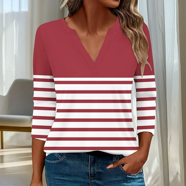 Wensltd Womens 3/4 Length Sleeve Tops Casual V Neck Shirts Soft Business Work Blouses