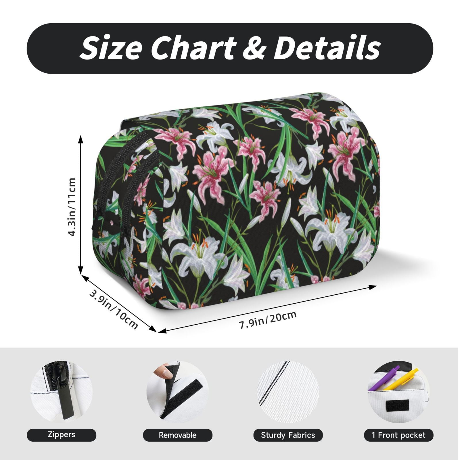 Rateoe Lilies Flowers Pattern Double Clamshell Pen Case, Storage Organizer with Two Zipper Compartments– Holds Up to 50 Pencils & Pens