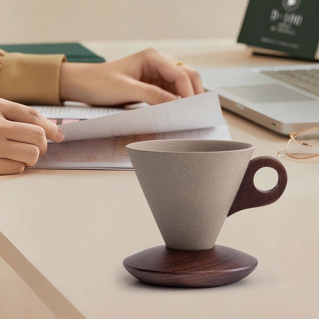 Taza de Café Cónica de Cerámica Rústica Vintage con Asa de Madera Incrustada y Base de Madera Maciza, Taza de 200ml con Textura Escarchada para Preparación de Café Casero y Té.