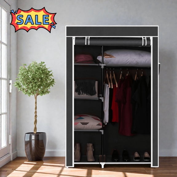 Tcbosik Portable Closet Wardrobe with Non-Woven Fabric Cover, 64"H Clothing Organizer with Side Pocket, Hanging Rod and Storage Shelves for Bedroom, Easy Assembly, Black