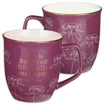 Christian Art Gifts Large Ceramic Inspirational Scripture Coffee & Tea Mug for Women: Strength & Dignity Gold Encouraging Bible Verse Cute Lead/Cadmium Free Drinkware, Purple Plum/White Floral, 14 oz.