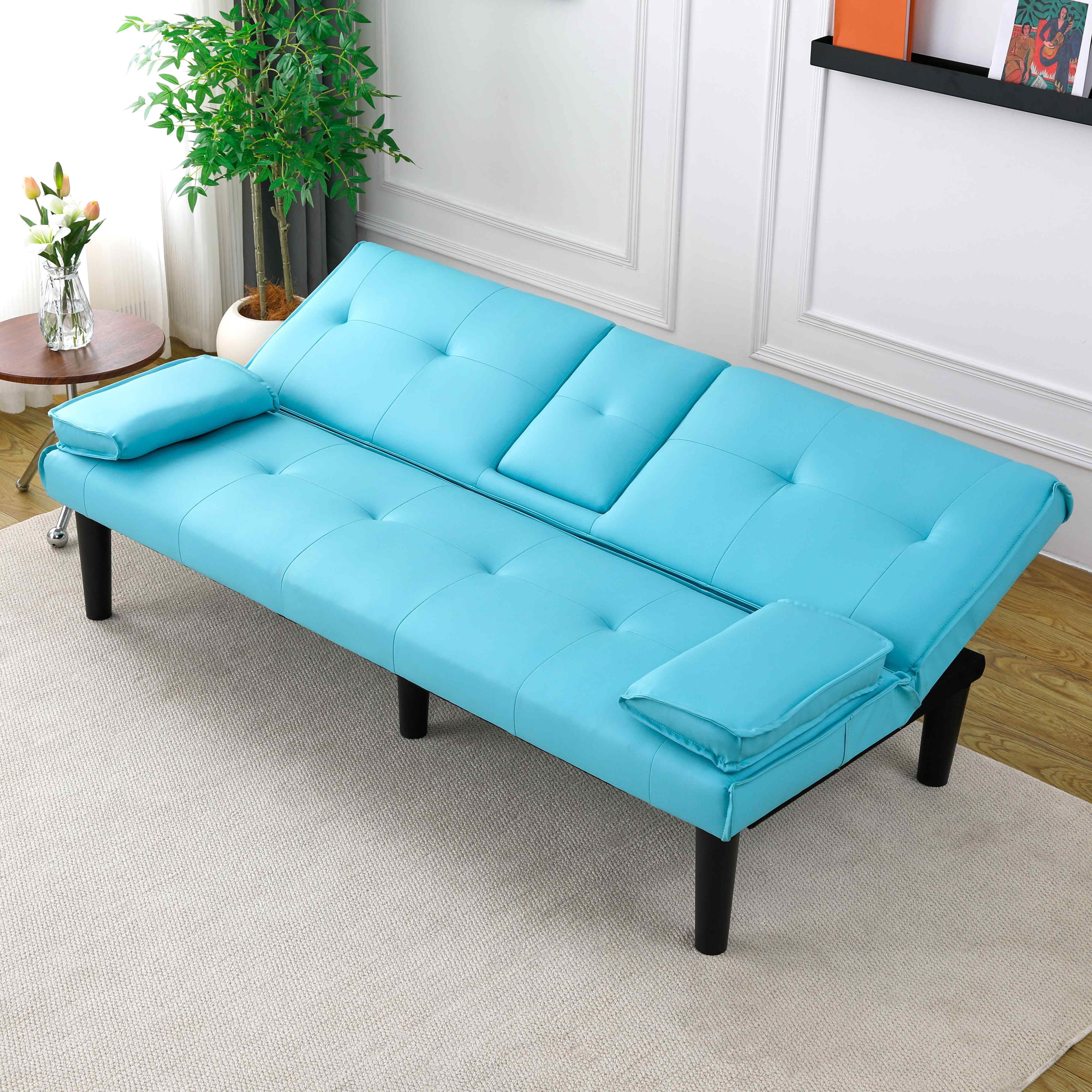 FFH 67" Futon with Cup Holders for Office, Living Room, Blue PVC