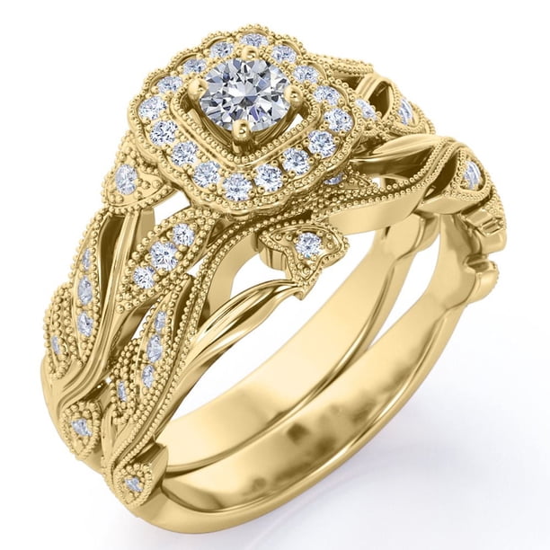 JeenMata Anillo de Filigrana de Diamantes Eduardianos con Diamantes Redondos Estilo Art Déco, Anillo de Bodas Engastado en Oro Amarillo de 10 K