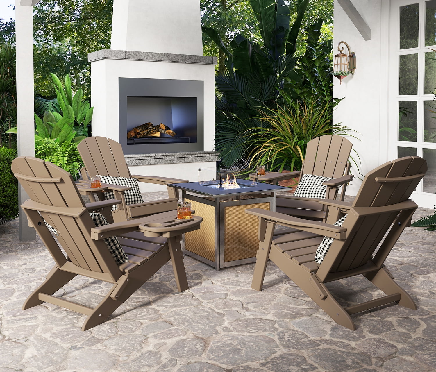 FOOWIN Adjustable Backrest Folding Adirondack Chair with Cup Holder, HDPE Weather Resistant Fire Pit Chair, Brown
