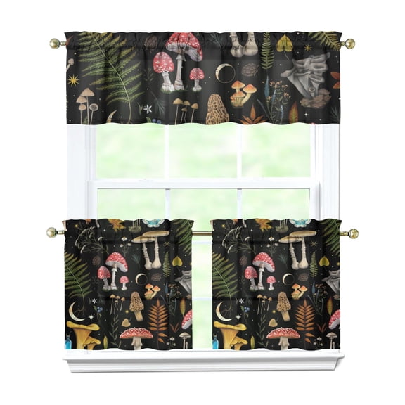 Mushroom Decor Kitchen Curtains 3pcs Set 27.5x24in, Polyester Botanical Tiers and Valance, Rustic Forest Window Drapes for Thanksgiving or Autumn Bathroom