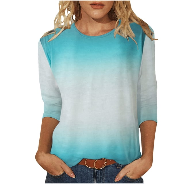 Pompotops T-shirt Imprimé Mode pour Femmes Manches 3/4 Mi-Longueur Blouse Col Rond Tops Décontractés Liquidation
