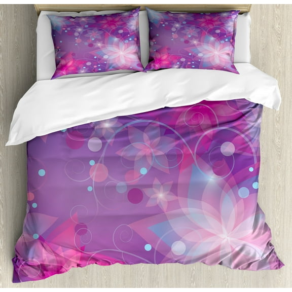Abstract Duvet Cover Set King Size, Floral Dreamlike Composition with Romantic Lilies Little Dots Swirls, Decorative 3 Piece Bedding Set with 2 Pillow Shams, Violet Pink Pale Blue, by Ambesonne