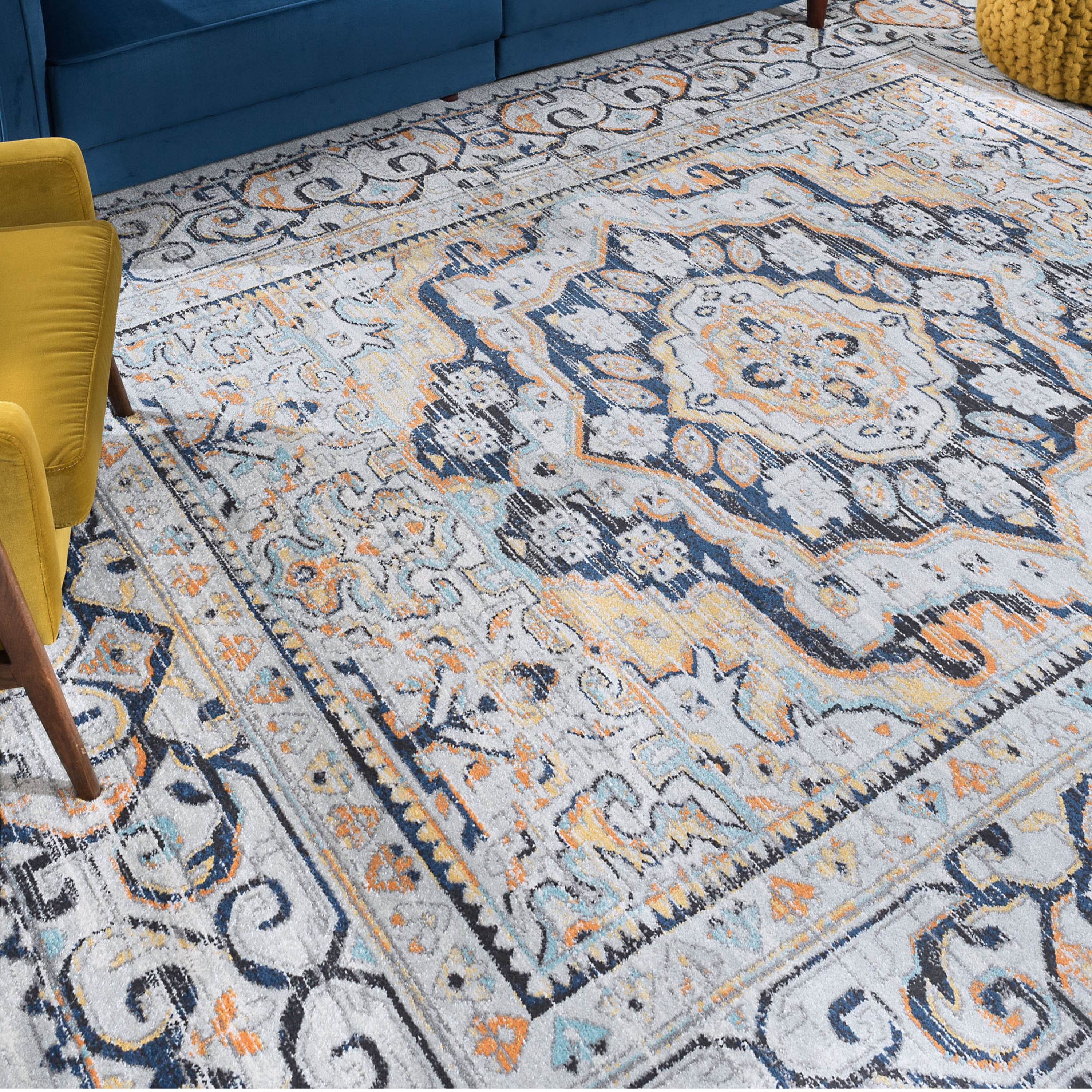 Transitional 9x12 Area Rug (8'9'' x 12'3'') Medallion Navy, Gray Living Room Easy to Clean