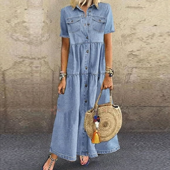 EGNMCR Denim Shirt Dress for Women Casual Solid Short Sleeve Button Down Loose Vintage Jean Long Maxi Dress