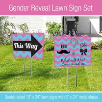 18x24 "Gender Reveal Party" double sided lawn sign kit with 6x24 H-stakes. Brightly colored Pink, Blue, Black and Silver on white 'He or She?" sign with Directional Arrow sign included