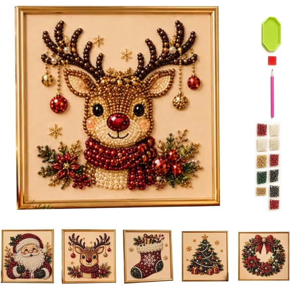 DIY Christmas Pearl Diamond Painting Art Kit with Frame, Christmas Pearl Beads Art Craft for Adults Beginner, Gemstone Diamond Dots Beads for Home Wall Decor, Healing Stress-Relieving (Stocking)