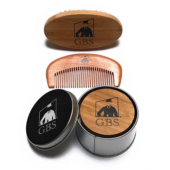 GBS Combo Set (3 Piece Kit) Premium Oval Wood Beard Brush with Boar Bristles, Bamboo Beard Comb, Free Travel Silver Tin