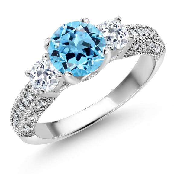 Gem Stone King 925 Sterling Silver Swiss Blue Topaz White Topaz and White Moissanite Engagement Ring for Women (2.39 Cttw, Gemstone November Birthstone, Round 7MM and 4MM, Size 6)