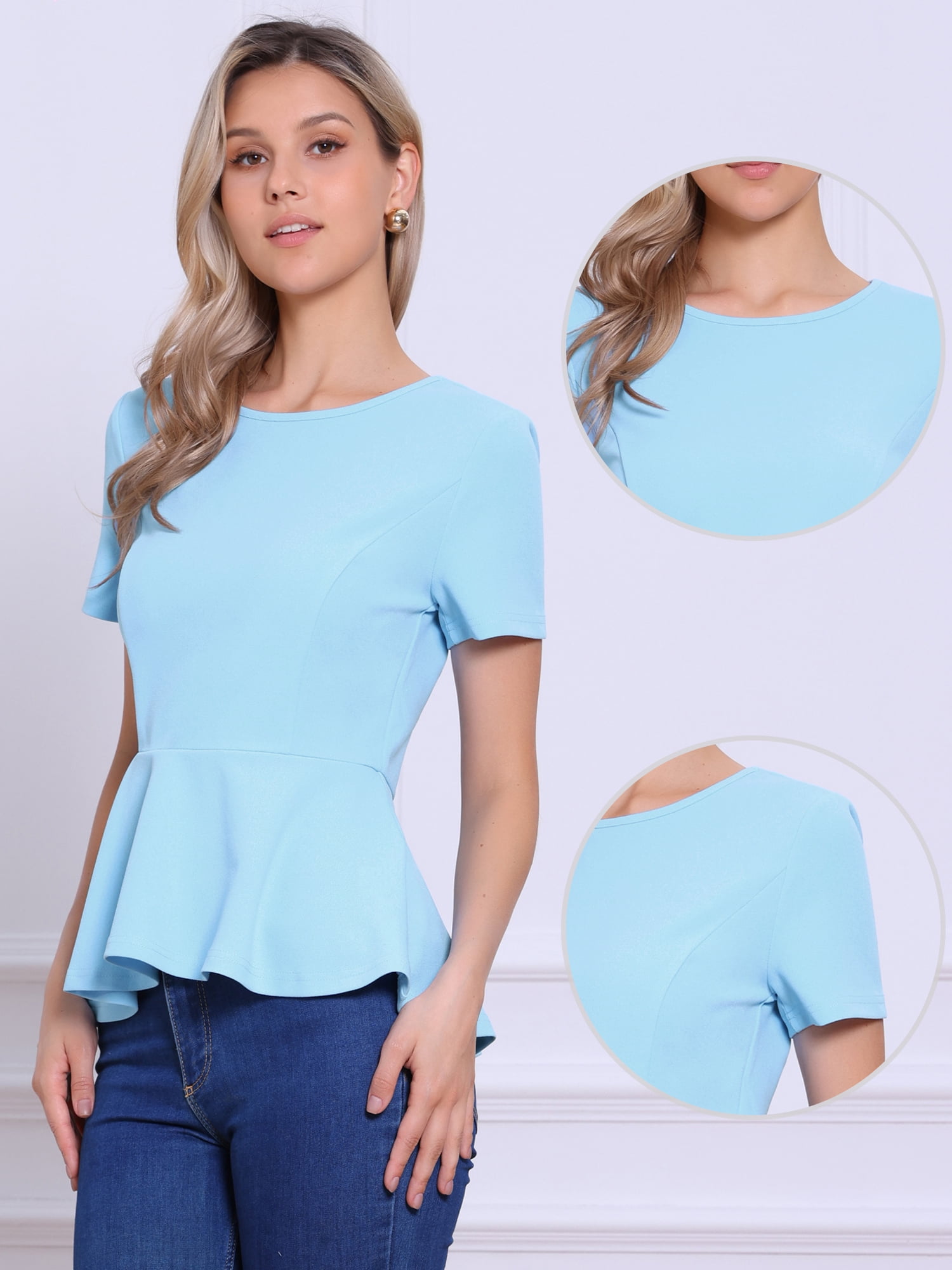 DARING DIVA Women's Peplum Tops Short Sleeve Crew Neck Blouse S Light Blue
