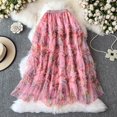 thumbnail image 2 of Women Floral Print Long Skirt Elastic High Waist Skirt irregular hem Mesh Skirt Pleated Dress Elegant Streetwear Tulle Skirt, 2 of 7