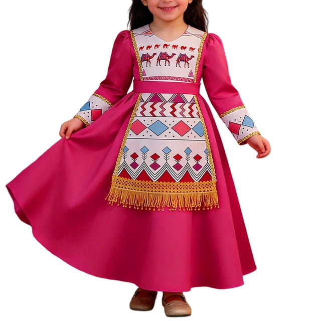Rhuody Robe Décontractée pour Fille Enfant à Manches Longues Robes Fluides Robe de Danse Fête Robe Nationale Vêtements Rétro 6-7 Ans Rose