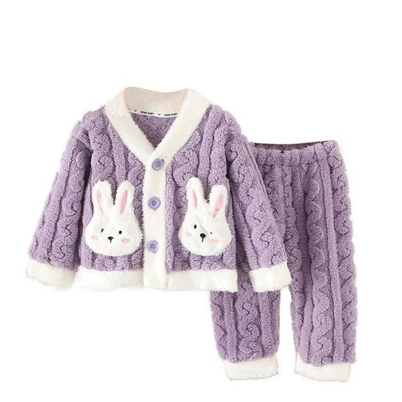 Odeerbi Kids Boys Girls Fleece Pajama Sets Fall Winter Thermal Pajamas Kids Printed Long Sleeve Plush Sleepwear Thickened Home Clothes Lounge Sets Kids Clothes Purple