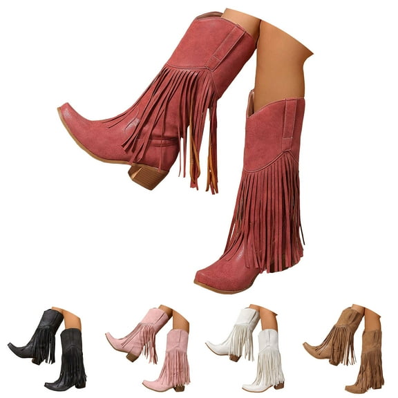Dakaela Women's Fringe Western Boots Vintage Tassel Cowgirl Cowboy Boots Block Heel Pull on Knight Knee High Boots