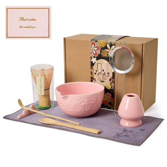 Matcha Whisk Set - Traditional Bamboo Chasen with Bowl, Complete Matcha Tea Making Kit & Starter Tools for Authentic Japanese Ceremony Pink01, 8pcs/set,Bowl entry-level Set)