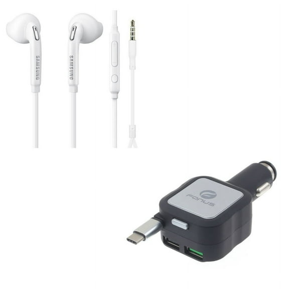 Retractable Car Charger w Hands-free Wired Earphones W2A for Microsoft Surface Go (10"), Lumia 950 - Motorola One, Moto Z4 Z2 Play X4 G7 Power Play G6 - Nokia 7.1, 8, 3.1 Plus - OnePlus 5T, 6