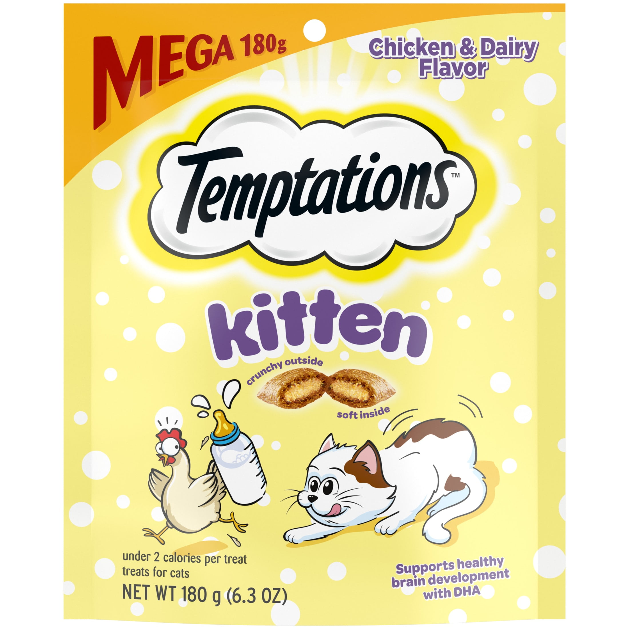 (6 pack) Temptations Kitten Chicken And Dairy Flavor Crunchy And Soft Treats For Kittens, 6.3 Oz Pouch