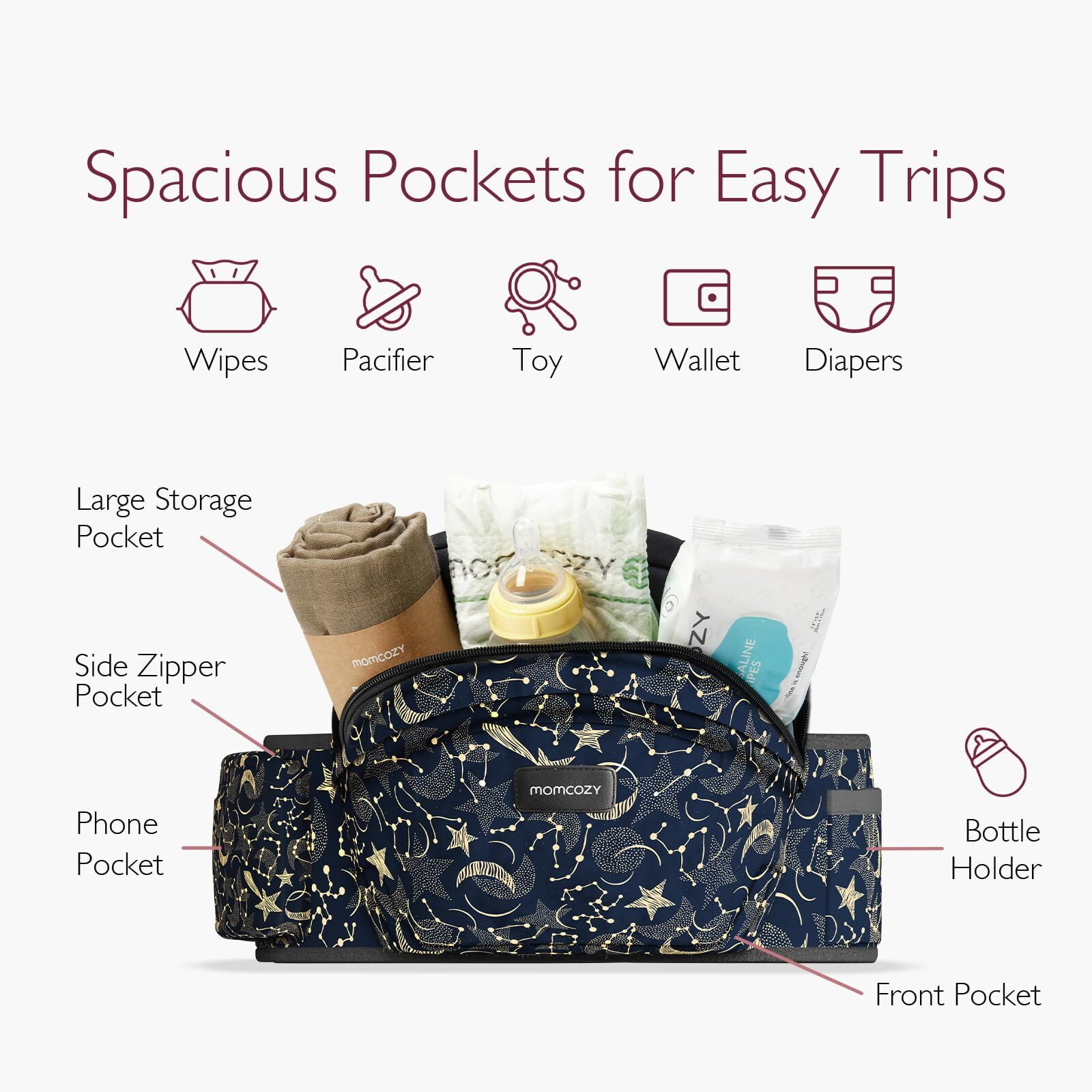Momcozy Hip Seat Baby Carrier - Adjustable Waistband with Original 3D Belly Protector, Ergonomic Carrier with Various Pockets for Newborns & Toddlers up to 45lbs (Starry Sky, Large)