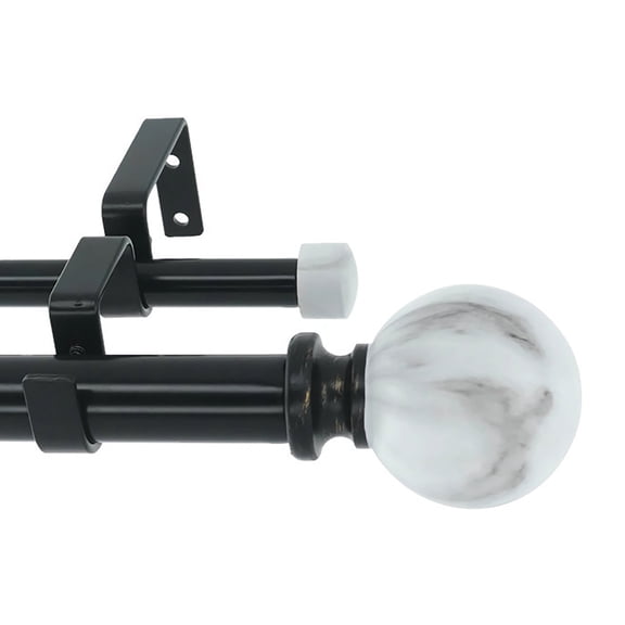 MERIVILLE 1" Double Curtain Rod Set, Adjustable 48–84 Inches, White Marble Ball Finials, Black