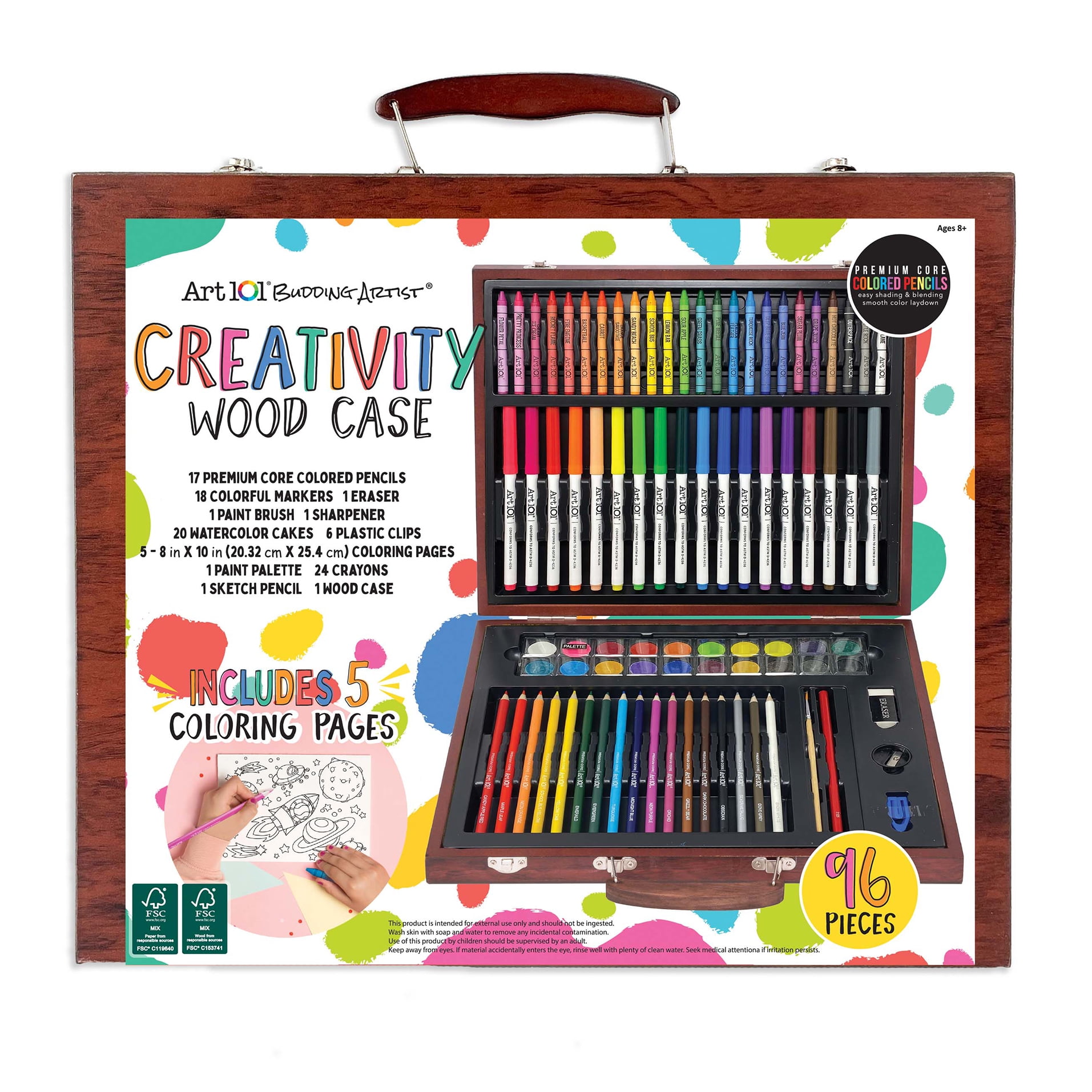 Art 101 Budding Artist 96 Piece Kids Creativity Wood Case Art Set