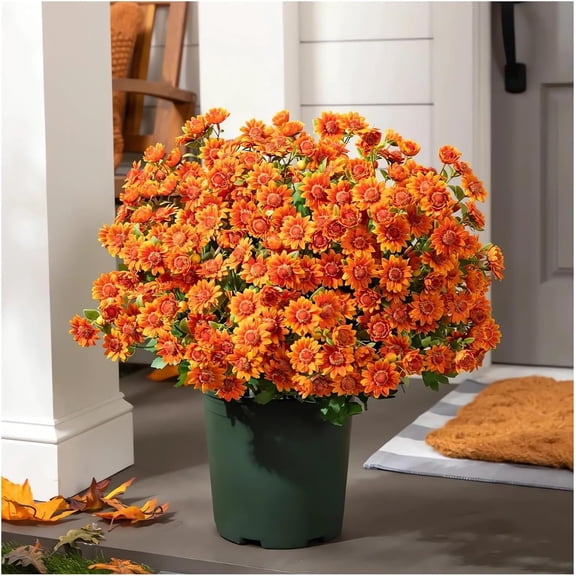 5 Bundles Artificial Mums for Outdoors, Realistic Fake Mums Faux Silk Daisy, UV Resistant No Fade Faux Mums for Home Patio Porch Garden Yard Decor, Fall Flowers, Outdoor Fall Decor, 12.6", Orange