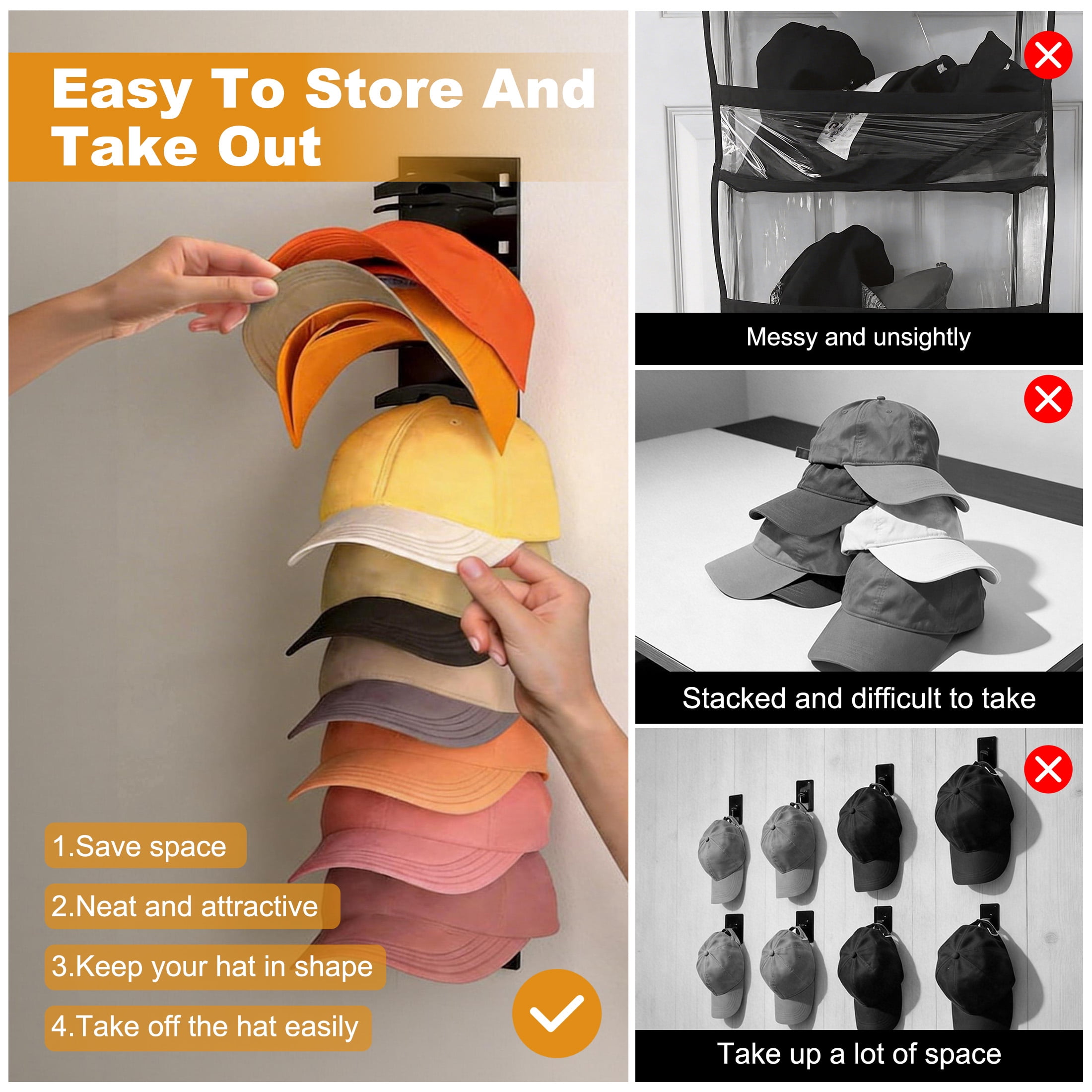 2 Pack Hat Organizer for Baseball Caps, Wall Mounted Cap Holder, No Drill Adhesive Hat Rack Organizer for Door, Closet
