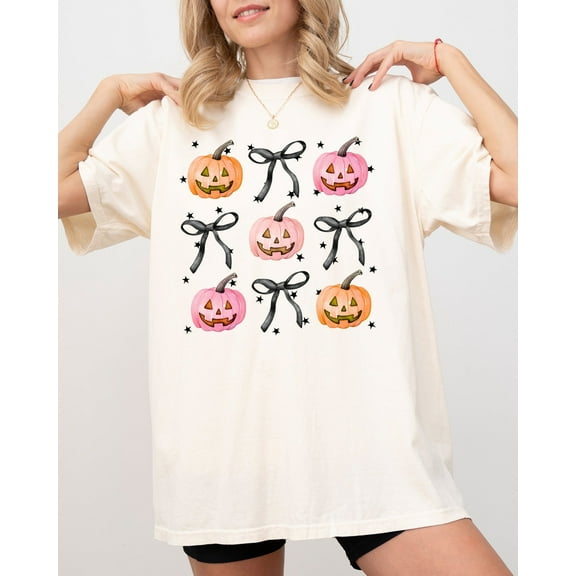 Velto Pumpkin Bows Graphic T-Shirt Girly Coquette Autumn Holiday Style, Full Size S-5XL