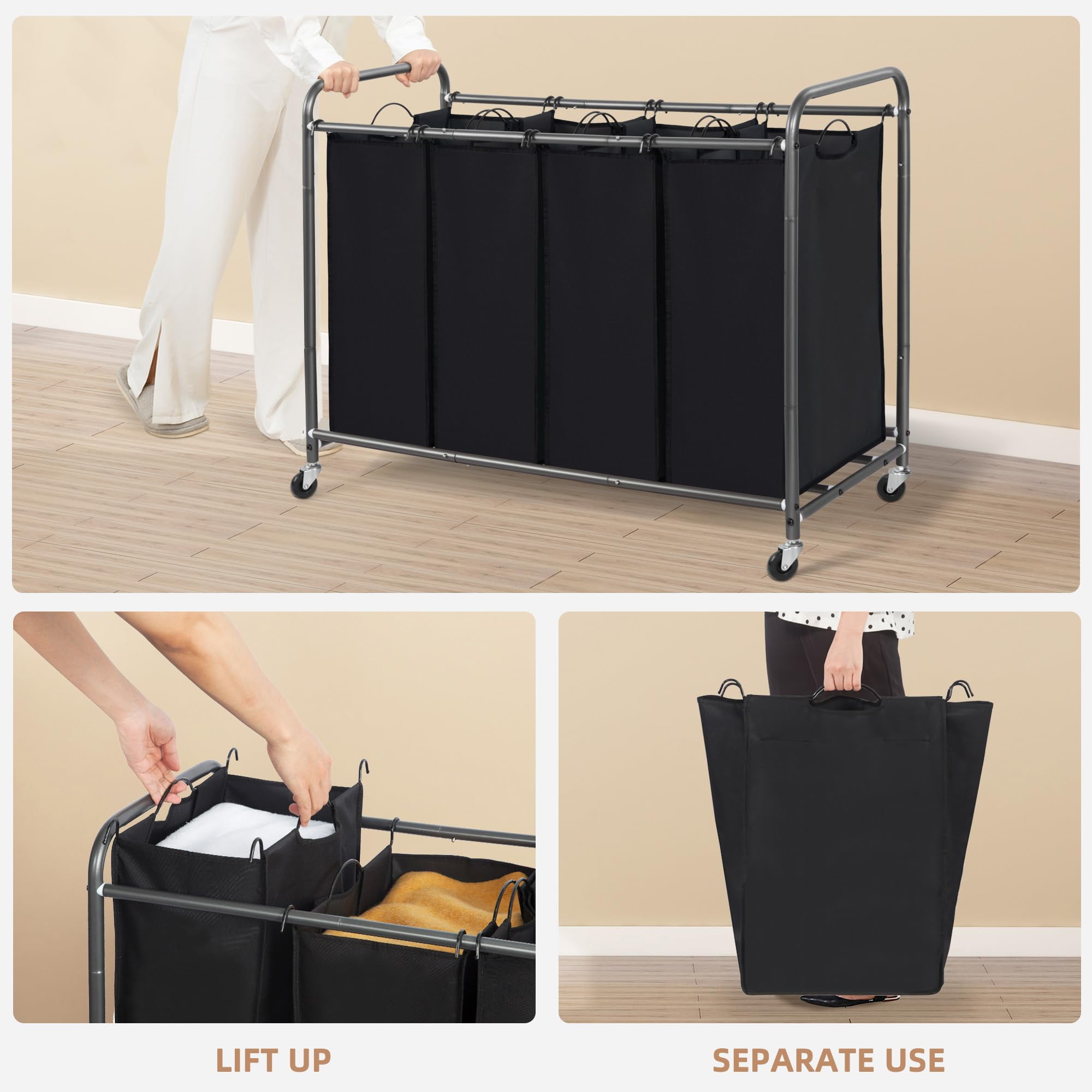 Laundry Sorter 4 Section, 47.8 Gal (181 L) Laundry Hamper with Wheels, Clothes Divider Basket Sorter, Clothes Separator Hamper Cart with Wheels and Removable Bags, Black