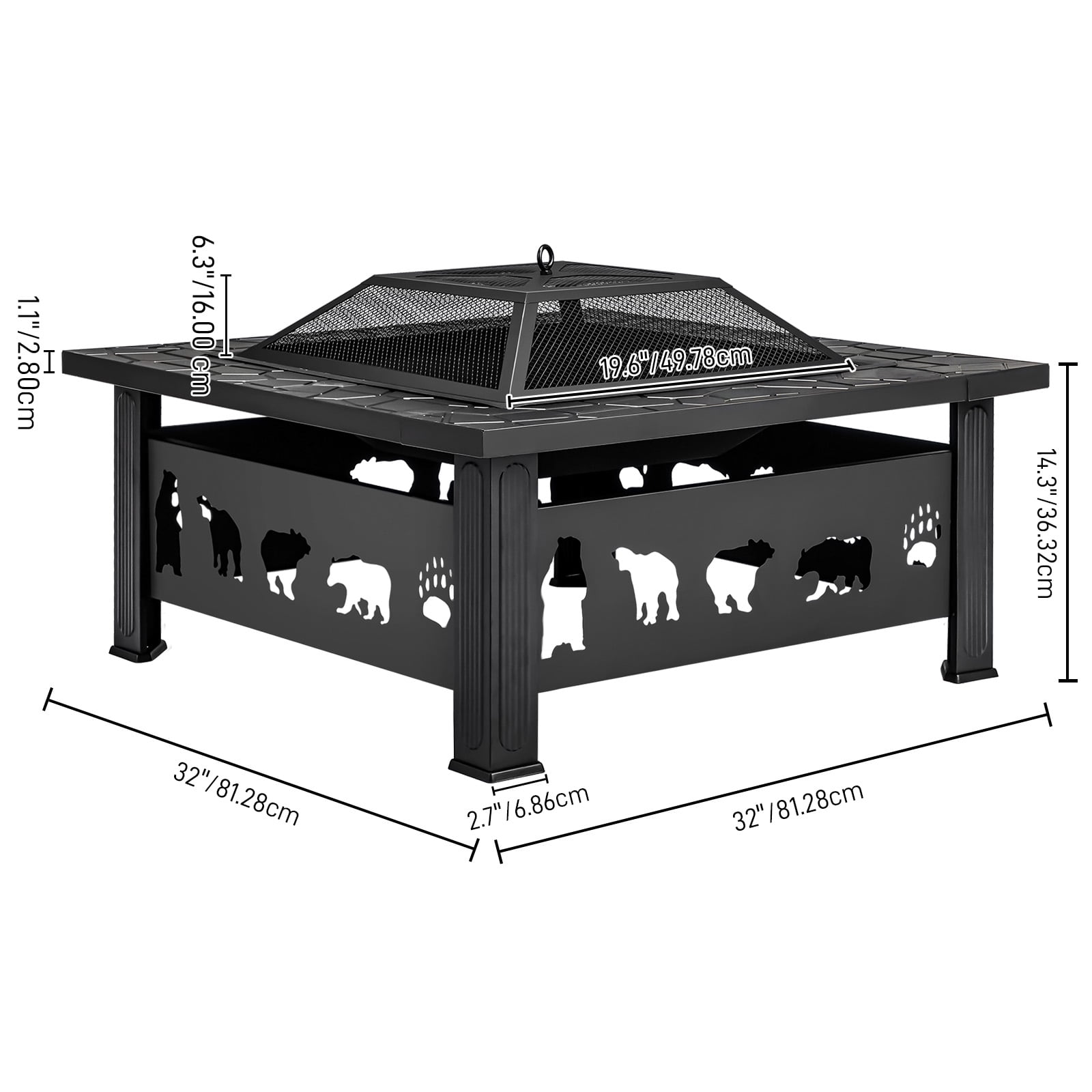 32 Inch Square Outdoor Wood Burning Fire Pit Table, Heavy Duty Wrought Iron Firepit with Pyramid Spark Screen Lid & Fire Poker, Decorative Bear Cutout Patio Fire Pit for Backyard, Garden, Lawn