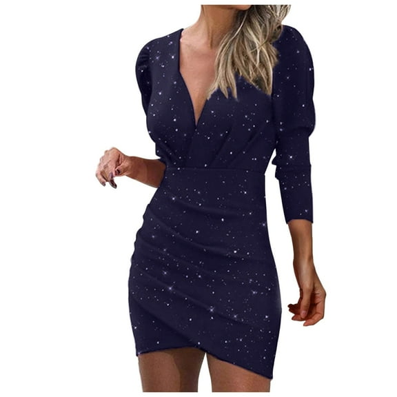 Aofany Women Dresses Casual Maxi Dress Deep V Sequins Wrap Ruched Long Sleeve Nightclub Dress Party Dress for Women Summer and Autumn Beach Dress Sun Dress Navy S