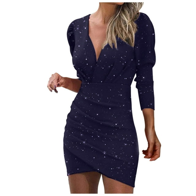 Robe à Manches Longues pour Femmes Décolleté en V Profond Paillettes Portefeuille Froncée Robe de Boîte de Nuit à Manches Longues