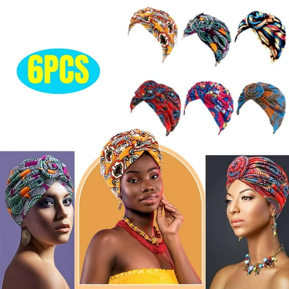 6 Pieces African Headwrap Turban for Black Women Pre Tied Knot Bonnet Knot Beanie Cap Head Scarf Headwrap Hat