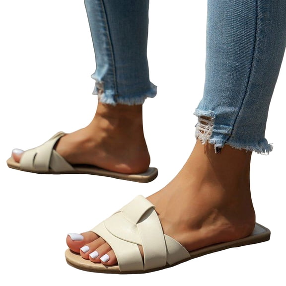 Slides for Women Fashion Splice Open Toe Sandals Casual Summer Beach Flat Shoes Comfortable Soft Leather Slip on Slippers White Size 6.5