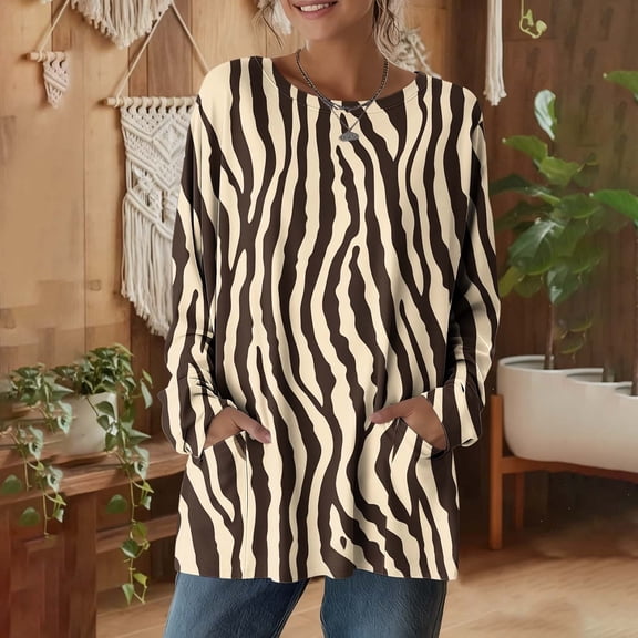 Gamivast Zebra Print Tunic Tops for Women Loose Crew Neck Long Sleeve Sweatshirts Casual Pullover Tees Side Pockets Fall Daily Outfits