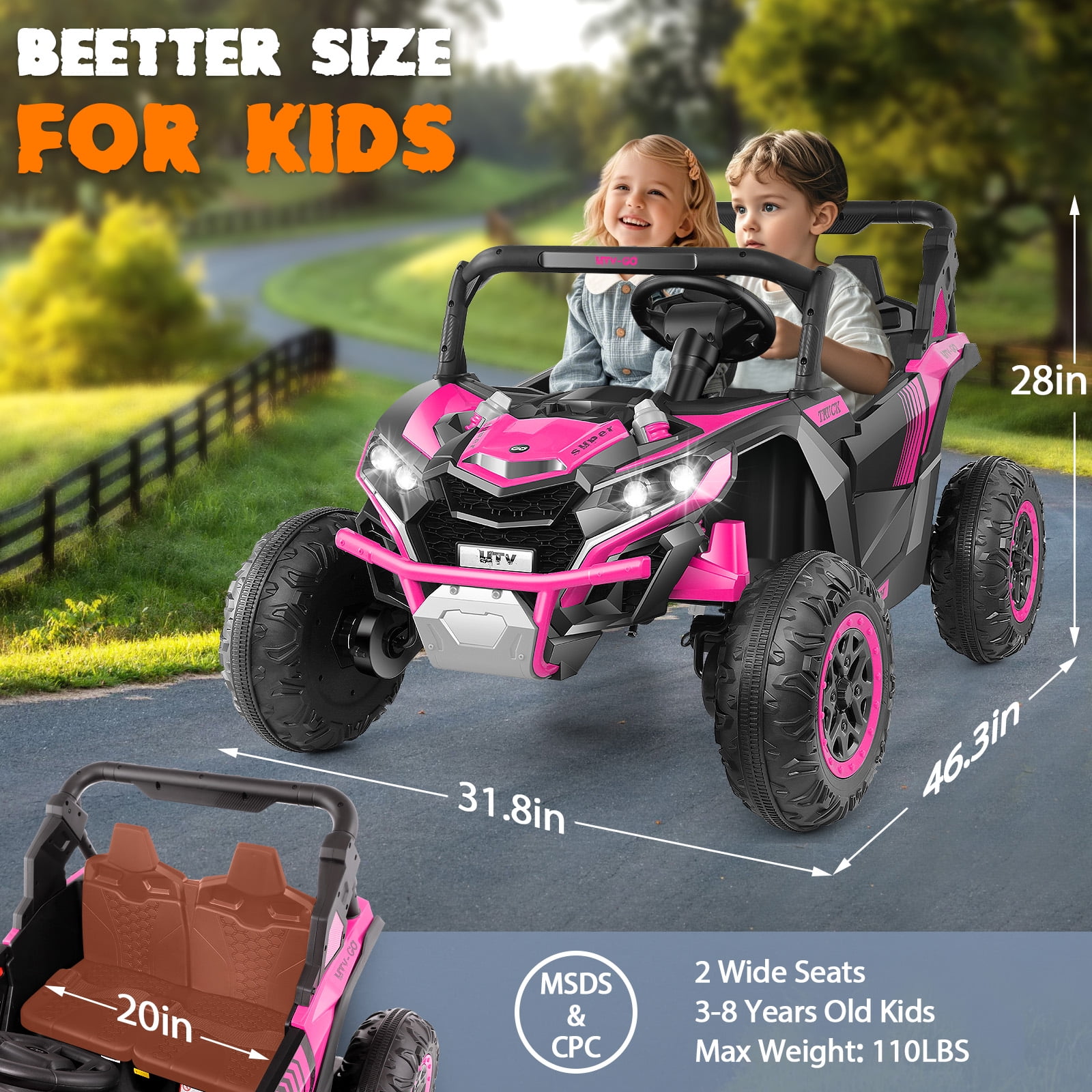 Funcid 24V Ride on Car for Kids, 2WD/4WD Switchable Ride on Car with Remote Control, 2 Seater Ride on Toys, UTV, Bluetooth, Music, LED Lights, Storage Space