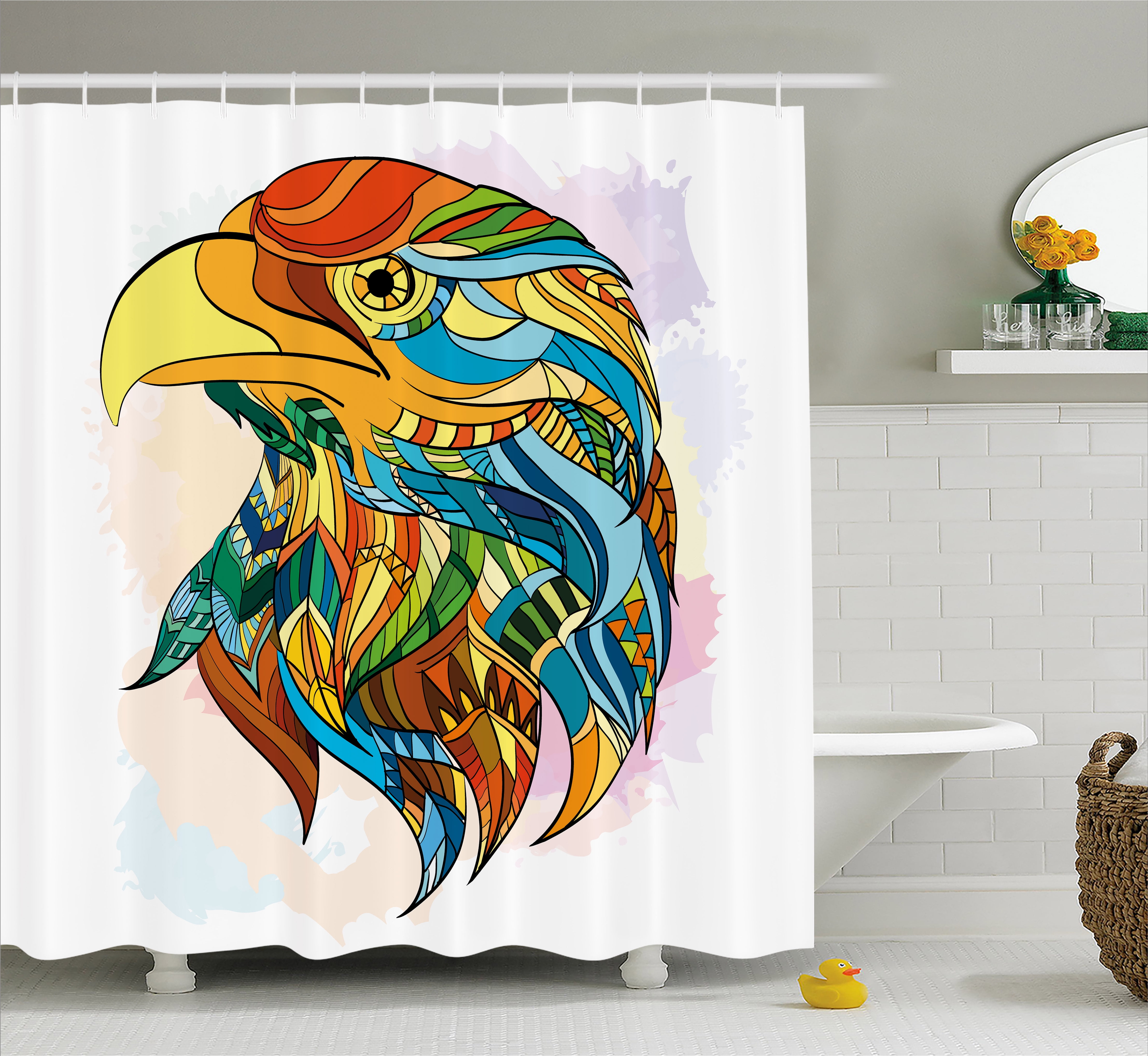 Eagle Shower Curtain, Ethnic Inspired Bald Eagle Pattern with Oriental