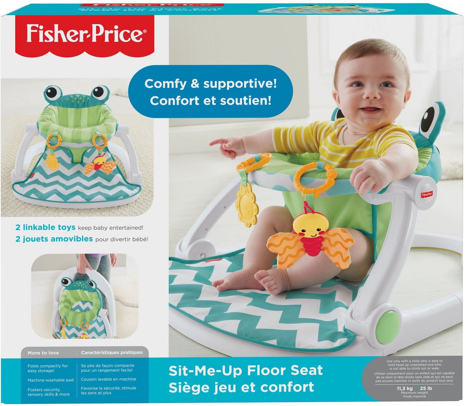 Fisher-Price Sit-Me-Up Floor Seat Portable Infant Chair with 2 Toys, Citrus Frog - Walmart Exclusive, Fold-able design