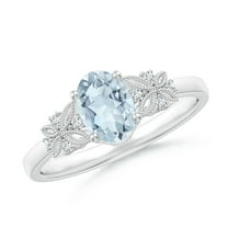 ANGARA Natural Vintage Style Oval Aquamarine Ring with Diamonds in 14K White Gold for Women (Size-7x5mm) | March Birthstone, Birthday, Anniversary, Jewelry Gift for Women | Natural Aquamarine Ring