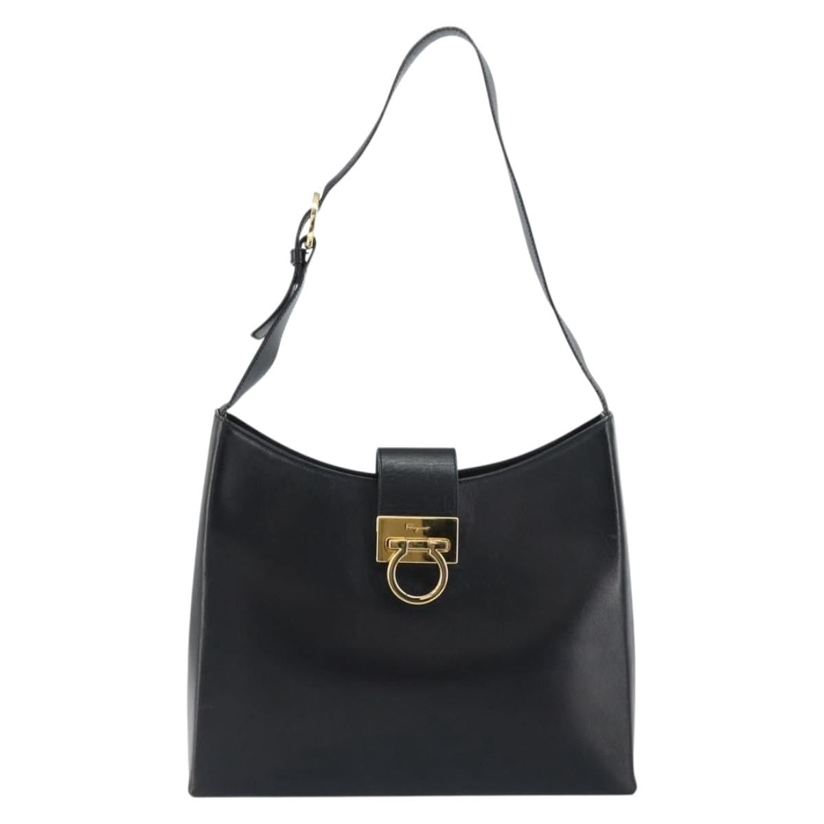 Pre-Owned Salvatore Ferragamo Gancio Flap Hobo Leather Black