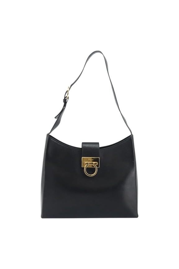 Pre-Owned Salvatore Ferragamo Gancio Flap Hobo Leather Black Leather Shoulder Bag Bag