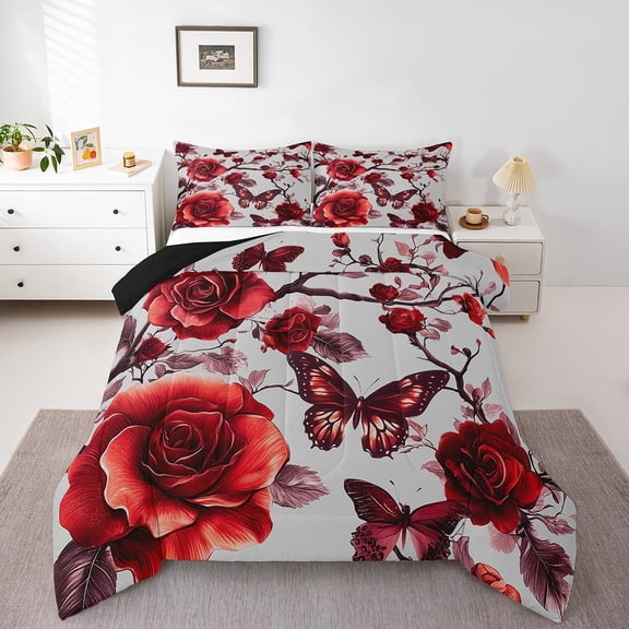 Erosebridal Rose Bedding Sets Full with Comforter for Couple, Romantic Butterfly Duvet Insert, Flower Floral Reversible Bedding Full Comforter Set, Lightweight Room Decorative, 3pcs