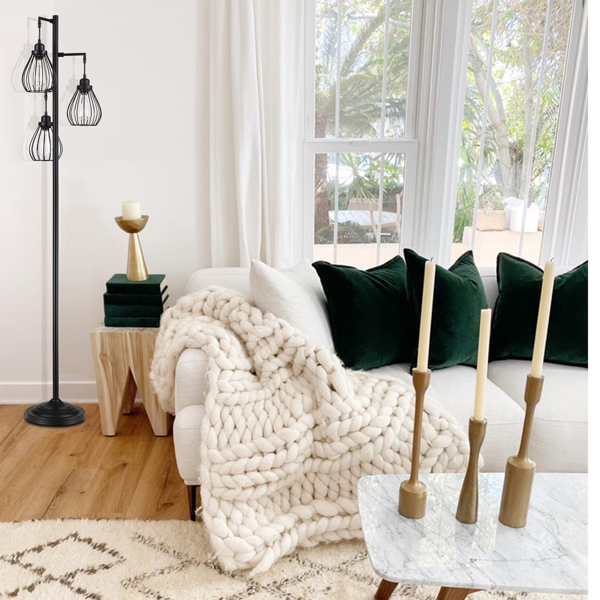 69" Industrial Floor Lamps for Living Room, Metal Dimmable Standing Tree Floor Lamp with and Hanging Steel Cage Shade